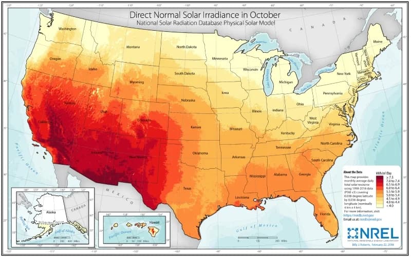NREL map of average direct normal solar irradiance across the United States, showing the highest values in the desert Southwest and the lowest in the Pacific Northwest and Alaska
